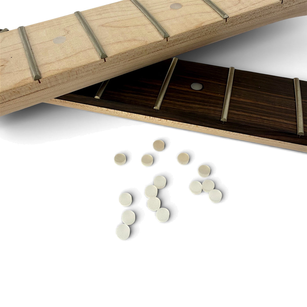 White fretboard inlay dots, 6 mm, on a maple and a rosewood fretboard