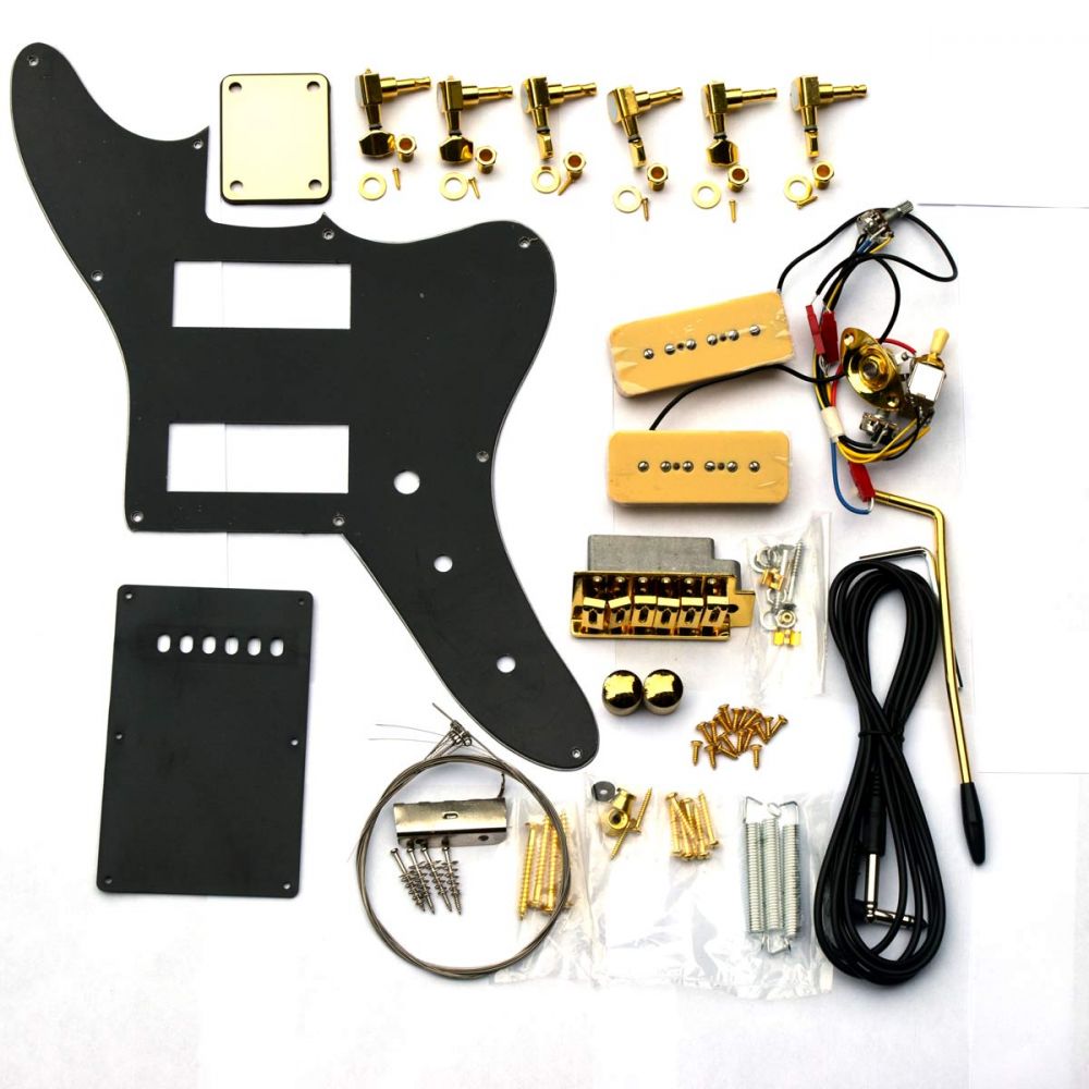 Gold hardware in the kit: six inline tuners, tremolo bridge, two soapbar pickups, knobs, black pickguard, back plate and solderless wiring