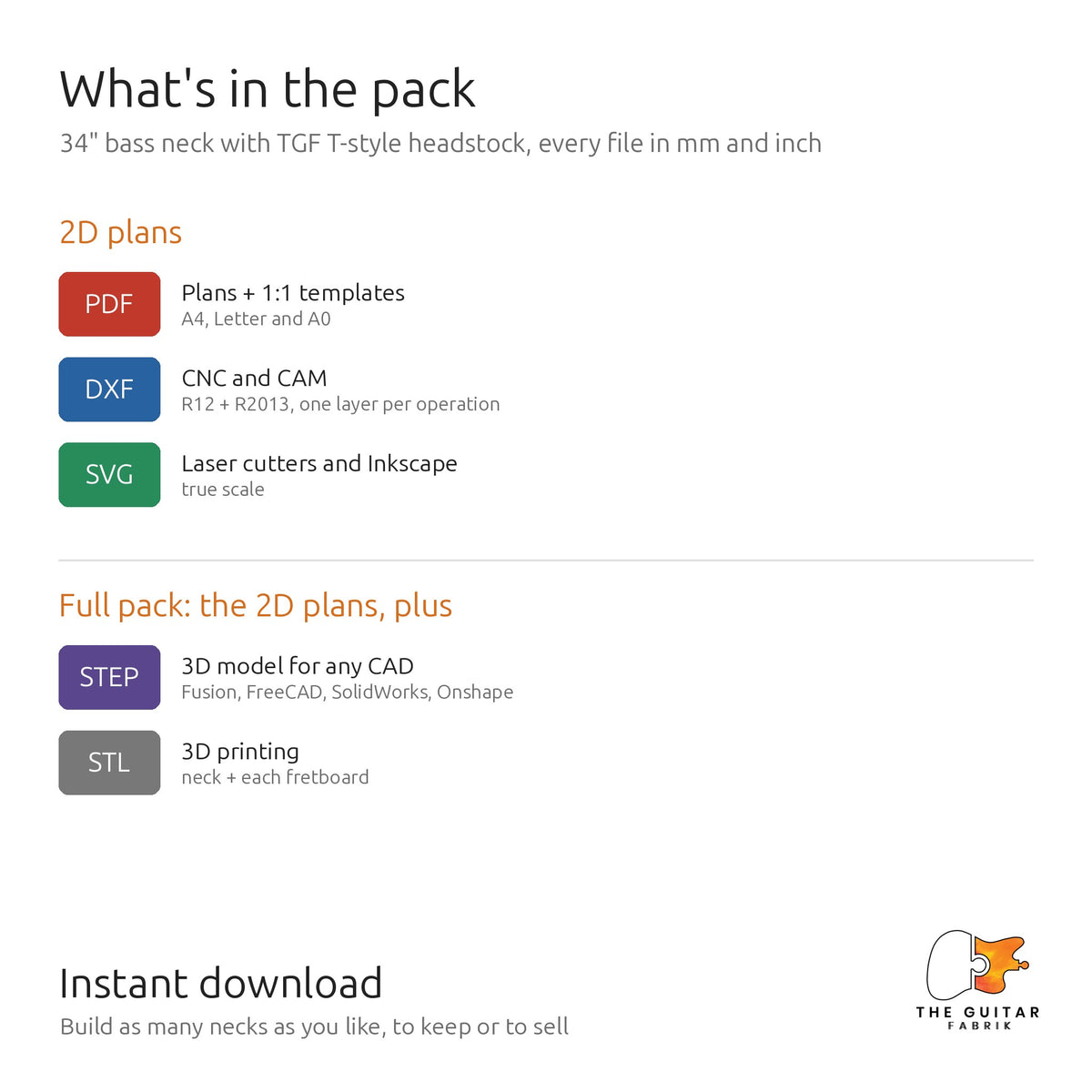 Files in the 2D plans and the full pack: PDF, DXF, SVG, STEP and STL