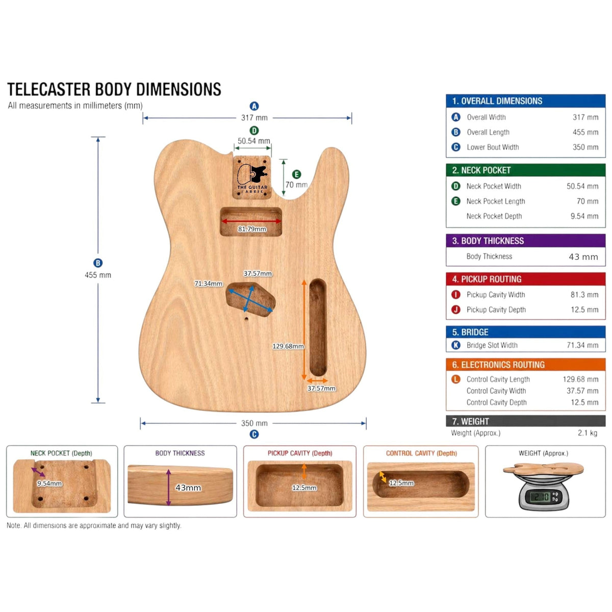 TL-style body dimensions: 317 x 455 mm, 43 mm thick