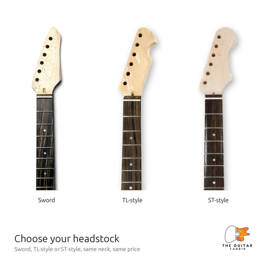 Sword, TL-style and ST-style guitar headstocks side by side