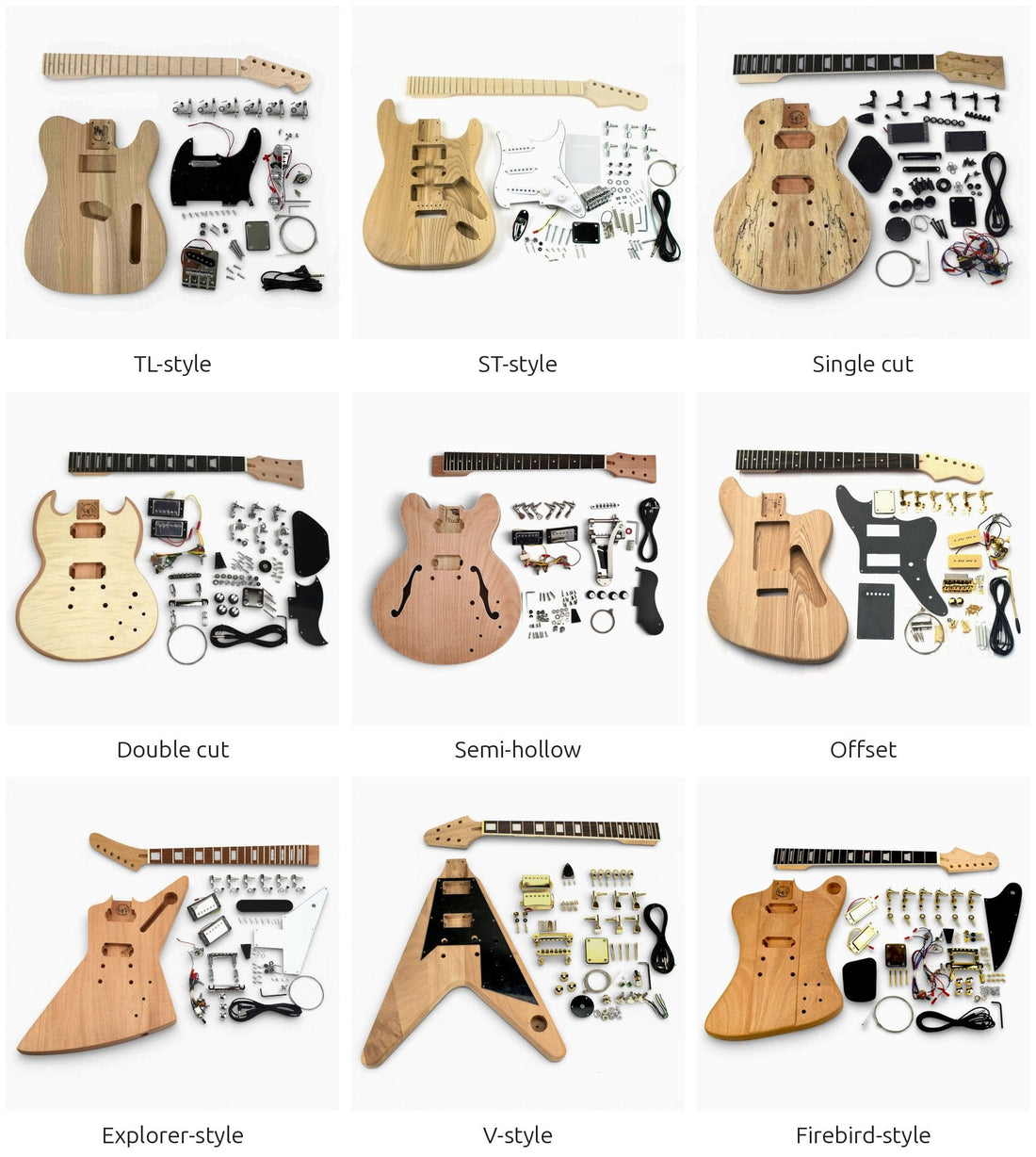 Nine electric guitar body shapes from our DIY kits