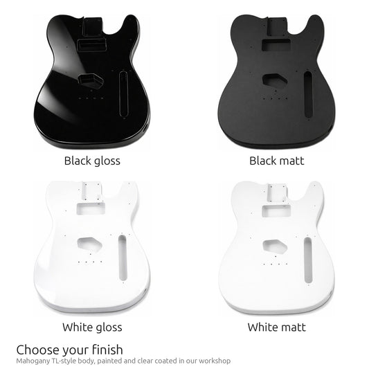 Guitar body in black gloss, black matt, white gloss and white matt