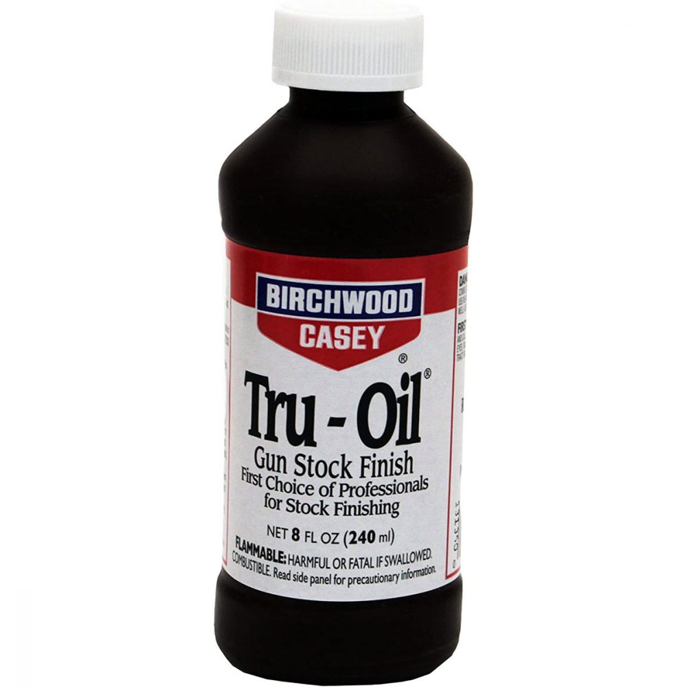 Tru Oil 240mL bottle front label with white cap, dark oil-based finish product