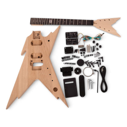 DIY Guitar Kit Dean Razorback complete assembly with unfinished solid mahogany body, mahogany neck with ebony fretboard, and all hardware components  in black colour laid flat
