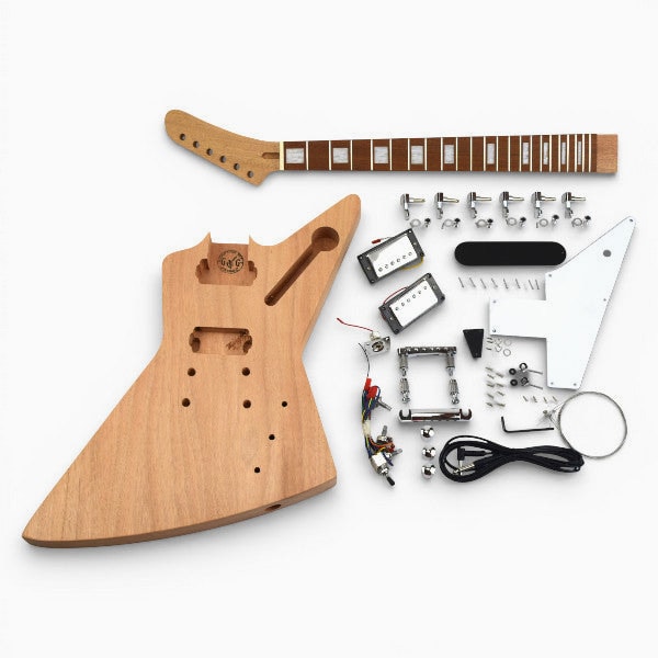 DIY Electric Guitar Kit EXP with solid mahogany body, mahogany neck with rosewood fretboard, and all components in chrome laid out flat