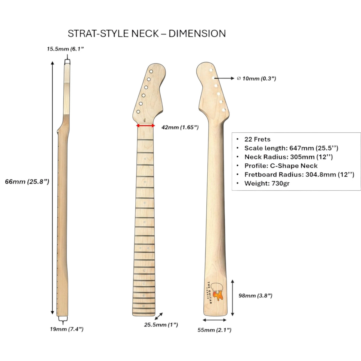 Diagram of a ST-style guitar neck with dimensions labeled with full details of the ST-style neck by The Guitar Fabrik