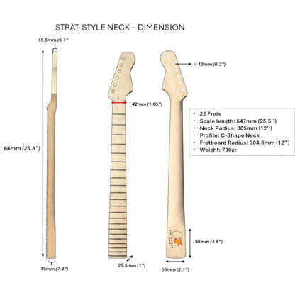 Diagram of a ST-style guitar neck with dimensions labeled with full details of the ST-style neck by The Guitar Fabrik