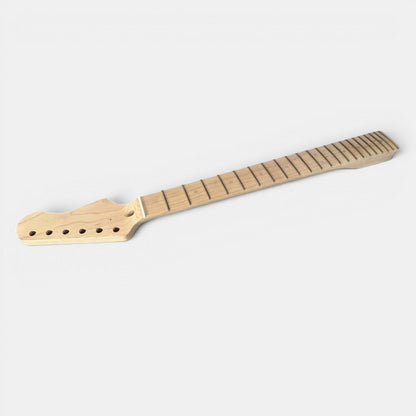 guitar neck Strat style made of maple wood front side showing customer the frets, inlays, tuning machines hole pre-drilled, headshape cut. 