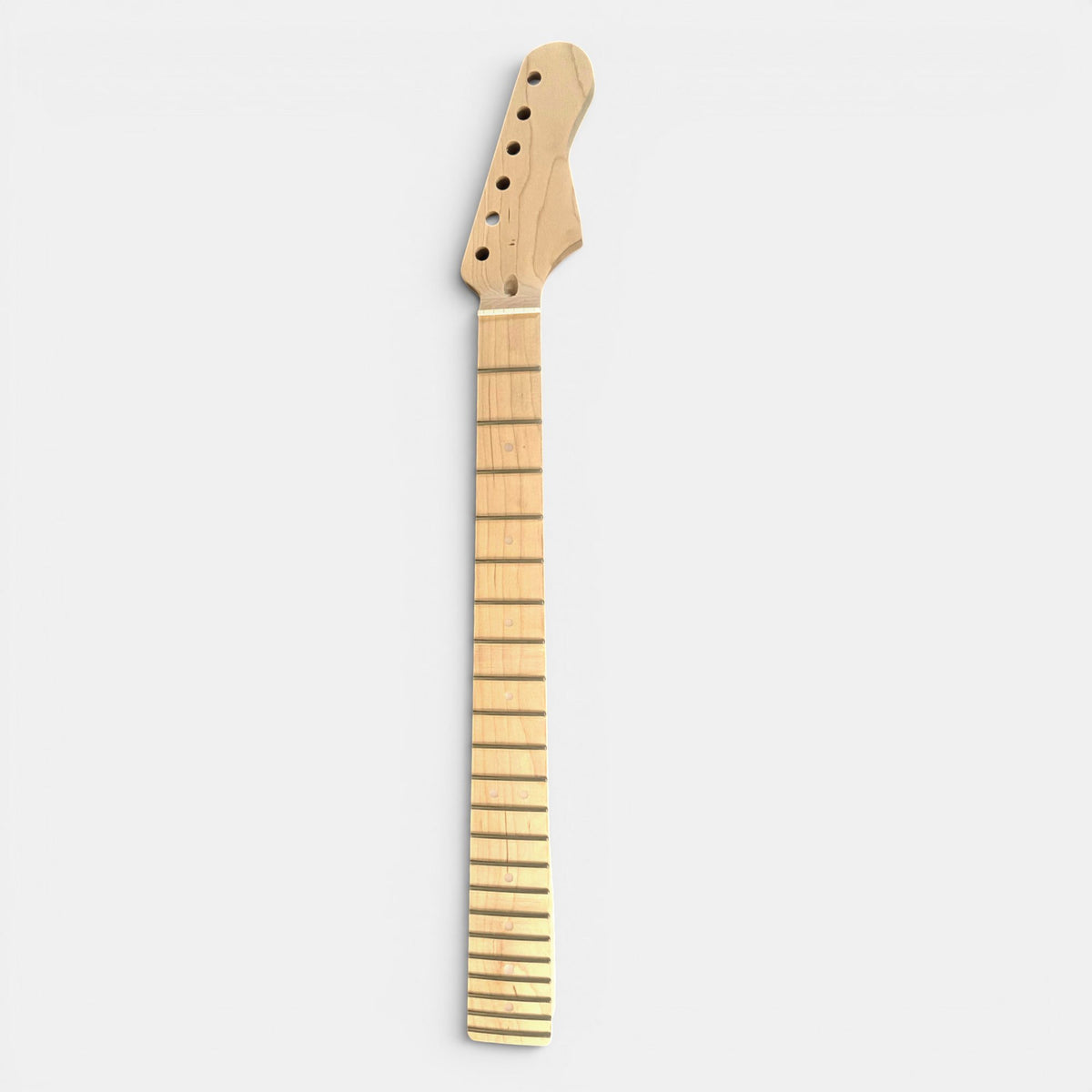 guitar neck Strat style made of maple wood front showing customer the frets, inlays, tuning machines hole pre-drilled, headshape cut. 