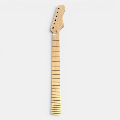 guitar neck Strat style made of maple wood front showing customer the frets, inlays, tuning machines hole pre-drilled, headshape cut. 