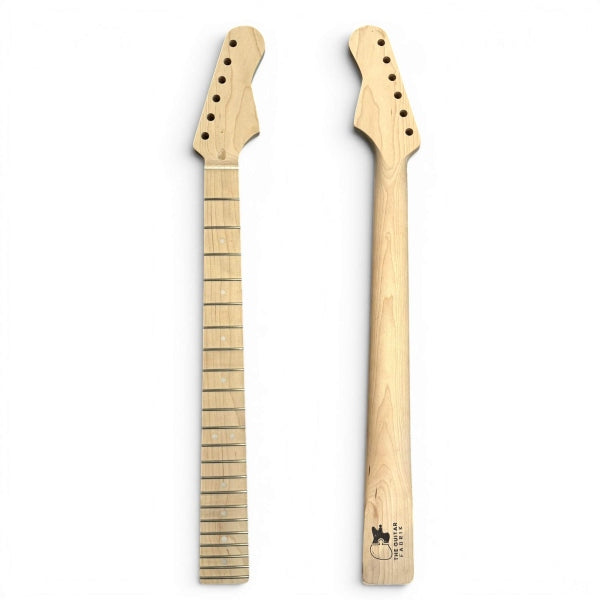 guitar neck Strat style front and back side showing customer the frets, inlays, tuning machines hole pre-drilled, headshape cut. 