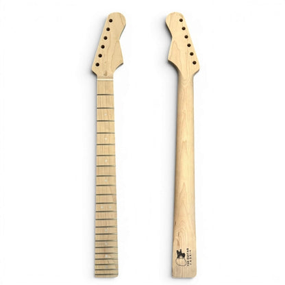 guitar neck Strat style front and back side showing customer the frets, inlays, tuning machines hole pre-drilled, headshape cut. 
