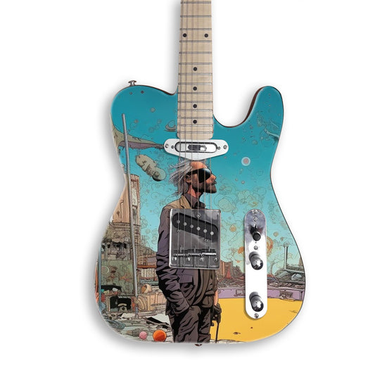 Alien Wasteland Wanderer guitar skin on a black Tele-style guitar