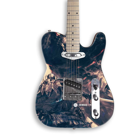 Vinilo para guitarra Caballero y bestia en una guitarra negra tipo Tele