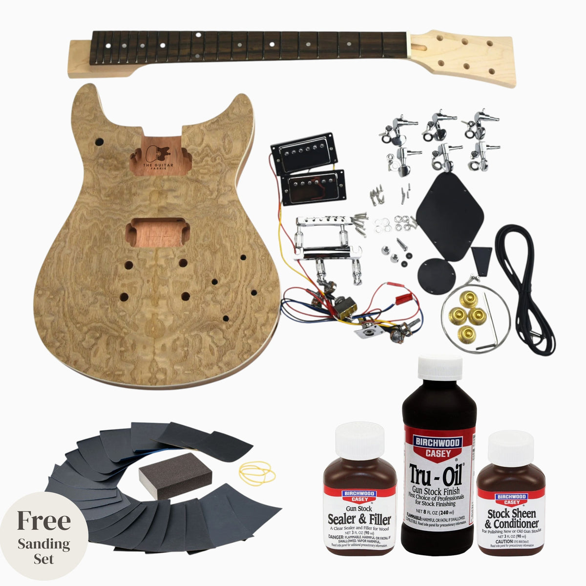 Ash burl guitar kit with Tru-Oil: double cut kit laid flat with Tru-Oil sealer, Tru-Oil finish, sheen conditioner and free sanding set