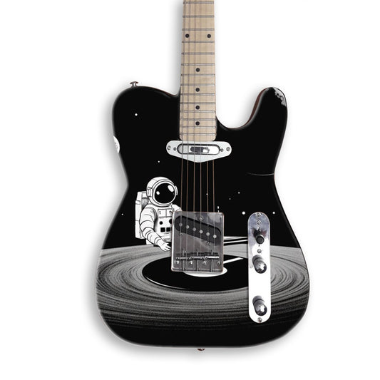 Astronaut DJ Turntable guitar skin on a black Tele-style guitar