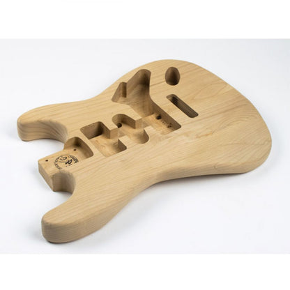 Strat Alder body back angle showing neck pocket and pickup cavity routing detail