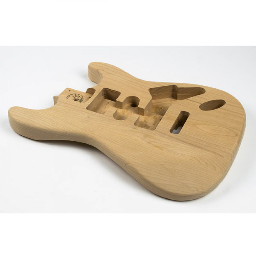 Strat Alder body three-quarter perspective revealing complete internal carving and contours