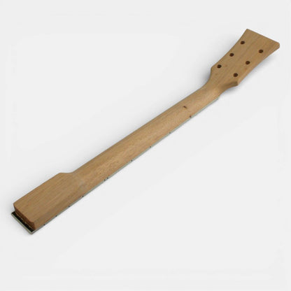 Unfinished mahogany bolt-on neck with headstock showing tuning peg holes from rear angle