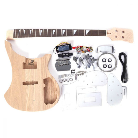 DIY Electric Bass Kit RK overhead layout showing unfinished ash body, neck, hardware and electronics components