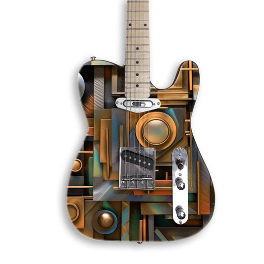 Brushed Metal Collage guitar skin on a black Tele-style guitar