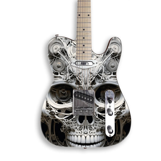 Clockwork Filigree Skull guitar skin on a black Tele-style guitar