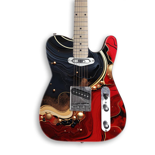 Colored River guitar skin on a black Tele-style guitar