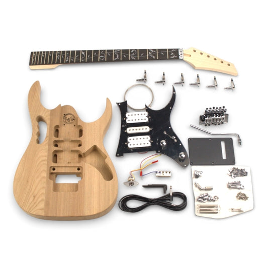 DIY Guitar Kit Black MJ all unassembled components showing solid ash body, maple neck with ebony fretboard, flower inlay, black pickguard and chrome hardware