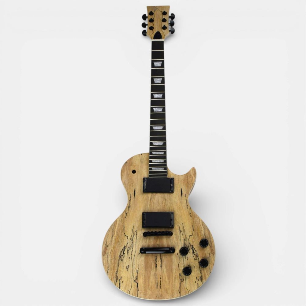 Full-length Single Cut guitar back view showing spalted mahogany body and fretboard alignment