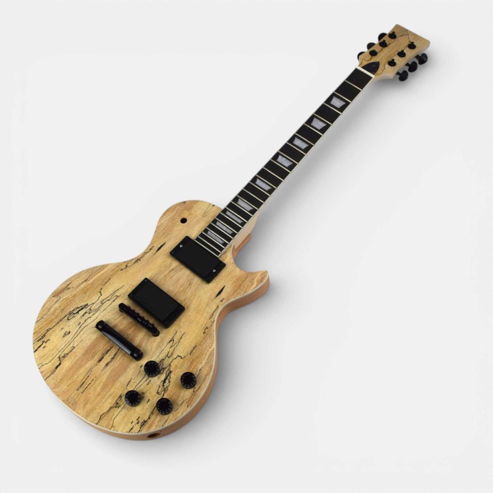 Complete Single Cut guitar angled three-quarter view with spalted body and assembled hardware
