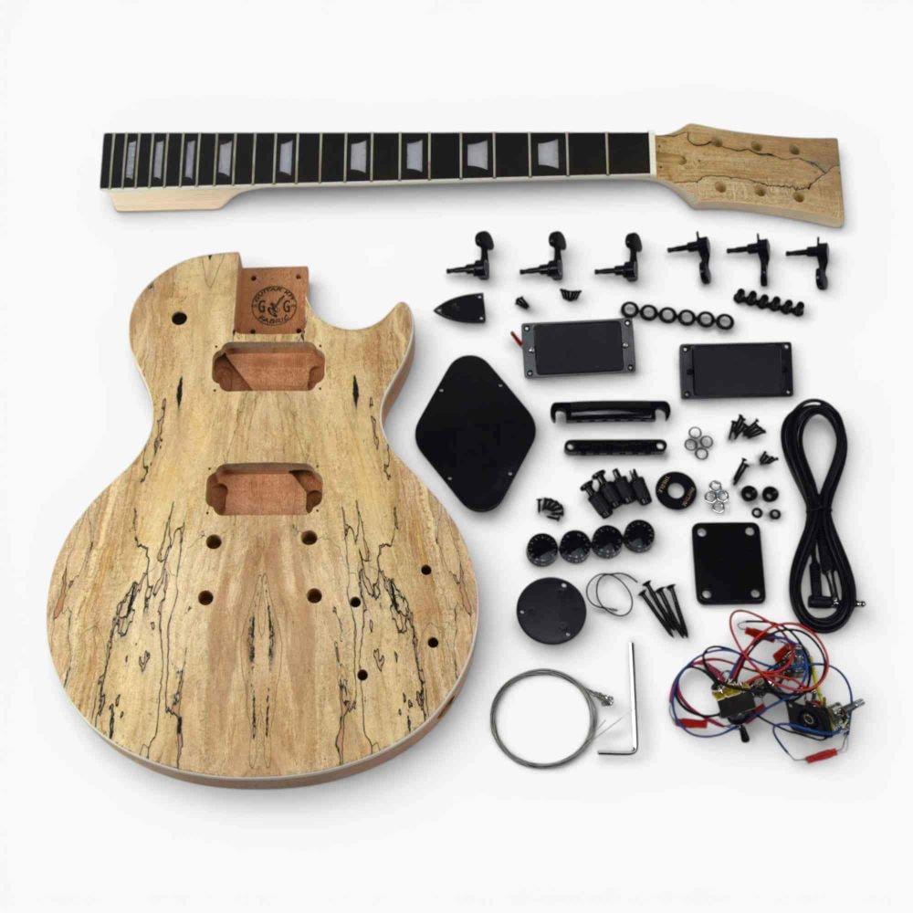 DIY Electric Guitar Kit Single Cut with spalted maple body and all components laid flat in organized arrangement