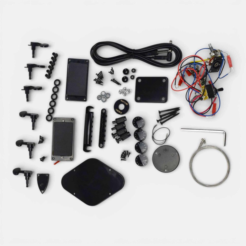 Hardware and electronics components including pickups, tuners, bridge, and wiring harness