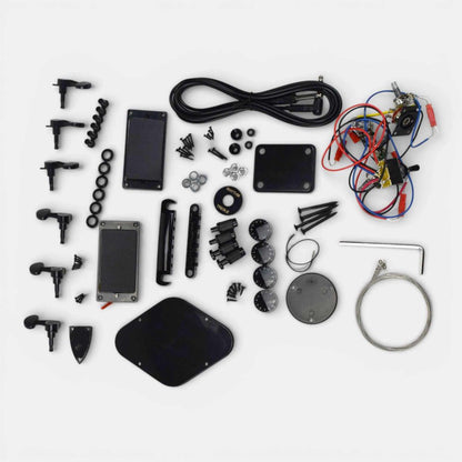 Hardware and electronics components including pickups, tuners, bridge, and wiring harness