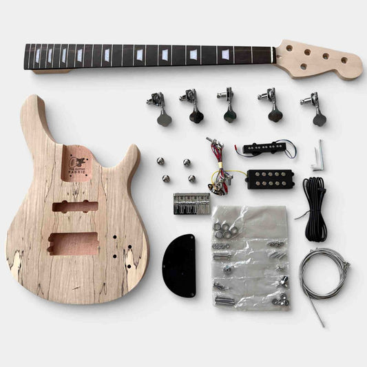 DIY Electric Bass Kit components laid flat including mahogany body, maple neck, pickups, bridge, hardware, and wiring