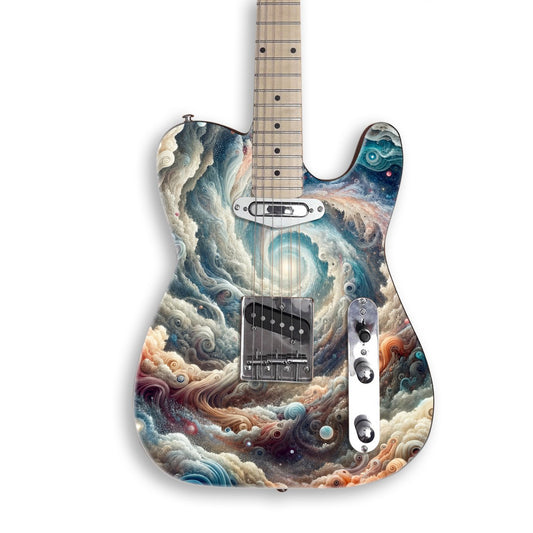 Skin per chitarra Vortice cosmico su una chitarra nera stile Tele