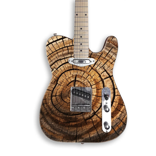 Cracked Tree Rings guitar skin on a black Tele-style guitar