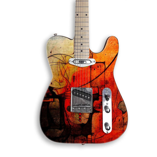 Crimson Whimsy Dreamscape guitar skin on a black Tele-style guitar