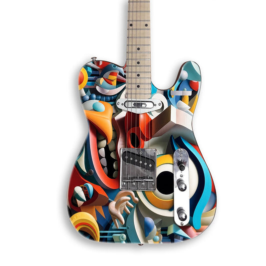 Cubist Eye Chaos guitar skin on a black Tele-style guitar