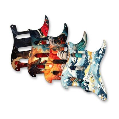 Strat Pickguards mit vier verschiedenen Foliendesigns