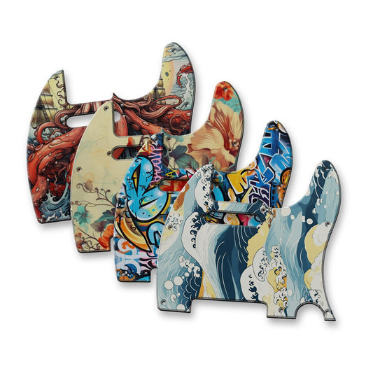 Tele pickguards finished with four different guitar skin designs