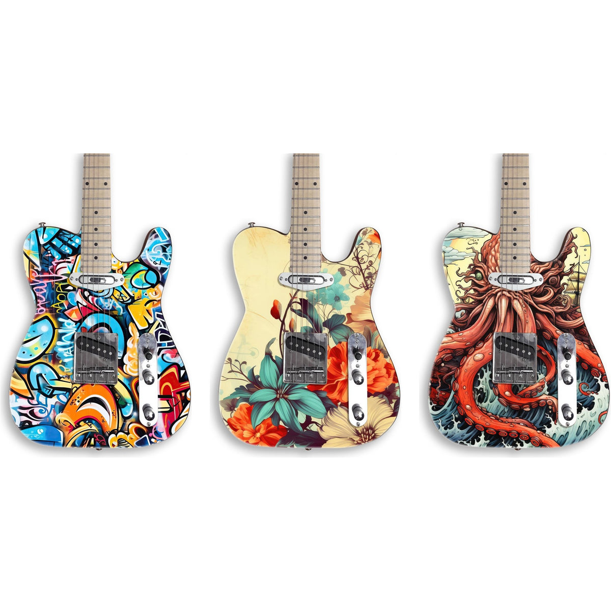 Custom TL-style guitar kits with graffiti, flower and octopus skins installed on the body