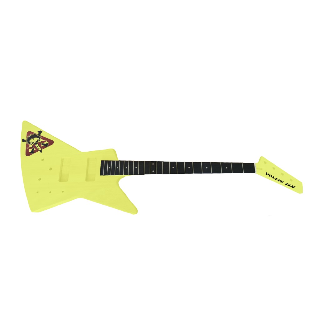 Custom waterslide decals made from a customer's own skull artwork and text, on a yellow Explorer-style bass