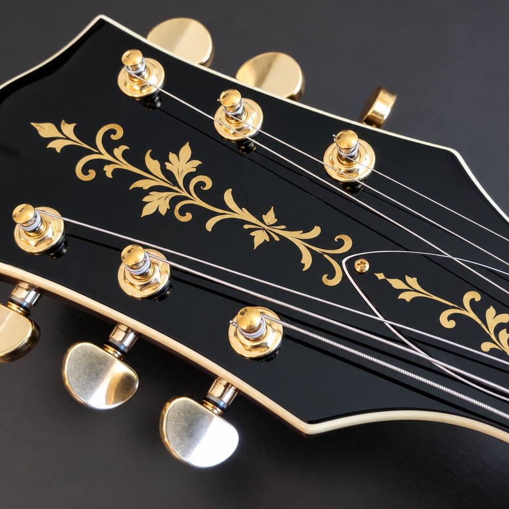 Gold floral waterslide decal inlay on a black gloss archtop guitar headstock with gold tuners