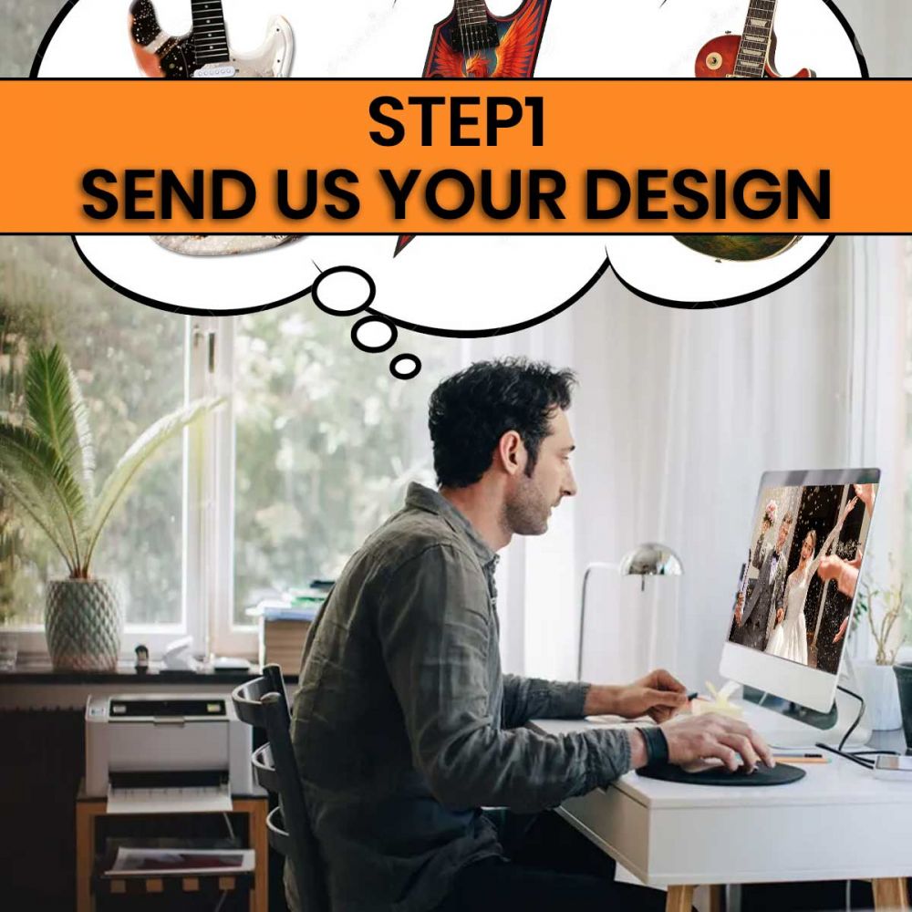 Step 1 instruction graphic with orange banner stating "Send Us Your Design" over designer workspace scene