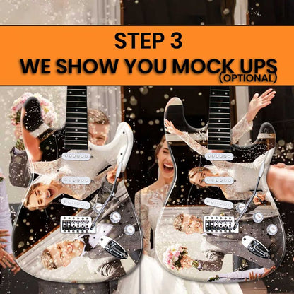 Step 2 instruction graphic displaying custom guitar skin mockups applied to white and black Stratocaster bodies