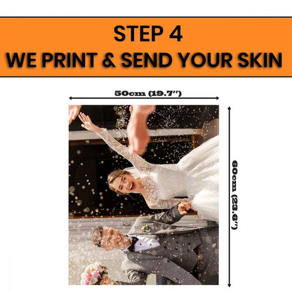 Step 4 specification diagram showing 50x60cm print dimensions for custom guitar skin vinyl sheet