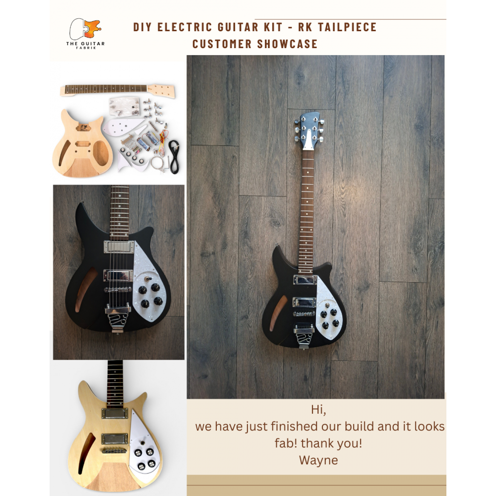 Customer showcase collage showing unfinished kit components and finished black semi-hollow guitar.