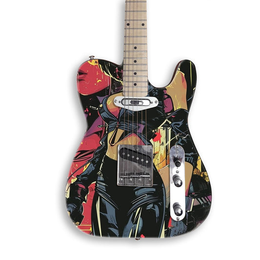 Cyberpunk Gunslinger Poster guitar skin on a black Tele-style guitar