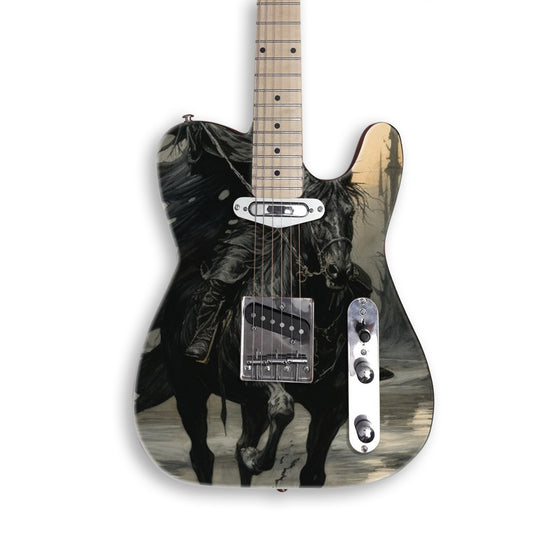 Dark Hooded Rider guitar skin on a black Tele-style guitar